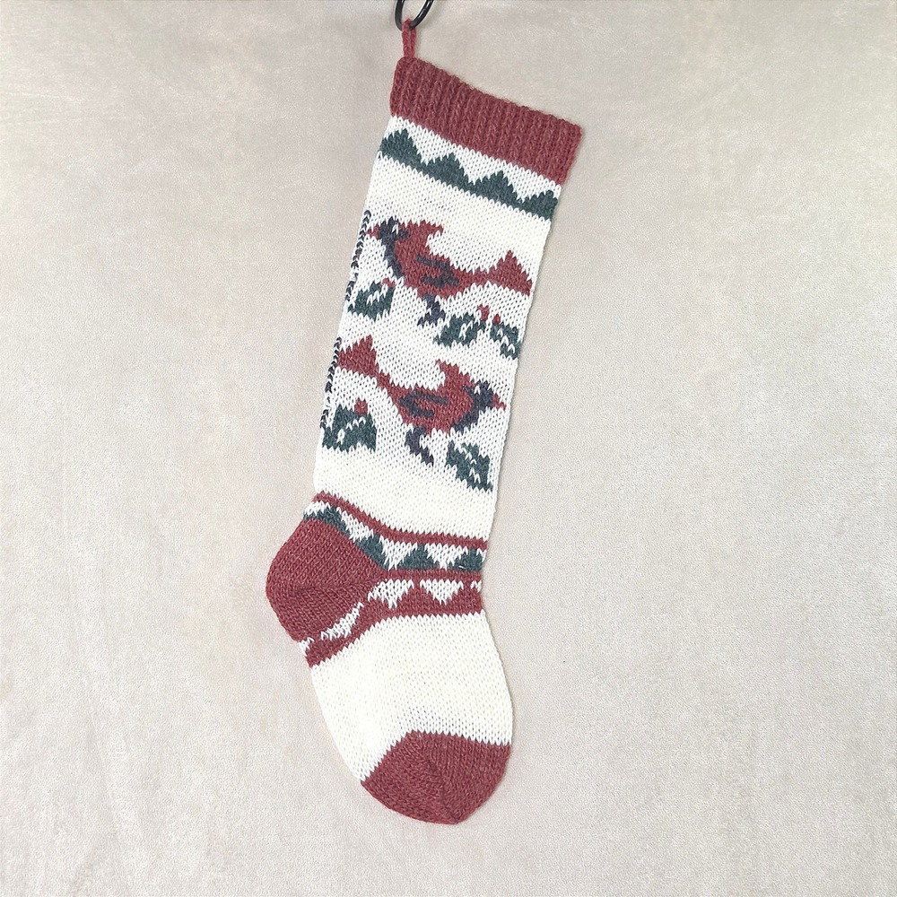 Chabby Chic VNT Hand Knit Christmas Stocking Red Cardinal Bird Holly Berry Cream